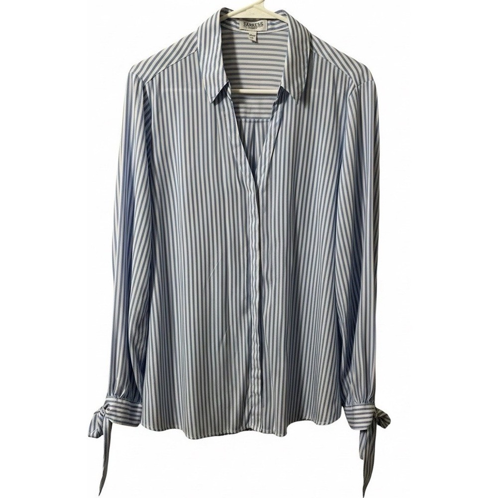 Express‎ Womens Top L Portofino  Blue White Striped Tie Cuffs Slim Preppy Chic